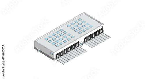 A futuristic industrial building with multiple doors and skylights, showcasing modern architectural design in an isometric perspective