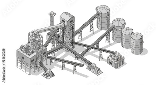 Industrial aggregate processing plant with conveyor belts and storage silos, a detailed isometric illustration