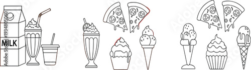 Fast Food and Dessert Outline Vector Set with Milk, Pizza, Ice Cream and Cupcake Line Icons