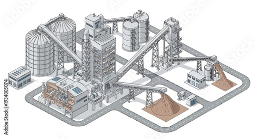Industrial plant with storage silos and conveyor belts, heavy machinery and manufacturing process