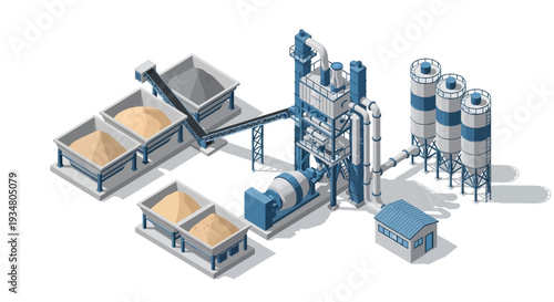 Industrial concrete plant facility with storage silos, mixers, and aggregate bins, representing heavy construction and manufacturing operations