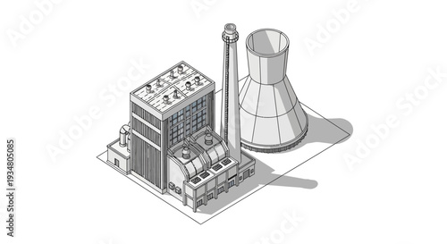 Industrial power plant with a tall smokestack and cooling tower in isometric view illustration