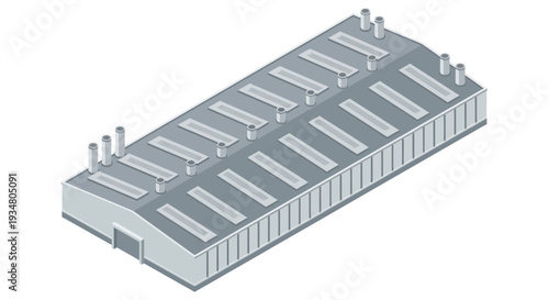 Isometric view of a factory building with skylights and chimneys, suggesting industrial or manufacturing operations