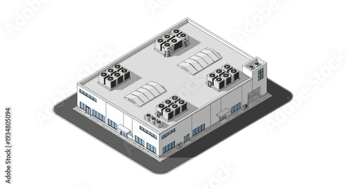 Isometric view of a modern industrial building with rooftop HVAC units and skylights, showcasing contemporary commercial architecture