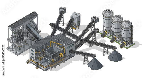 Industrial mining plant with conveyor belts and silos for mineral processing and bulk material storage