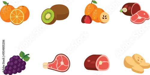 Fruits and Meat Vector Set with Orange, Kiwi, Grapes, Steak and Ham Isolated Illustration Collection