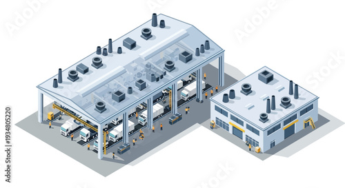 Isometric illustration of a modern industrial complex featuring a large warehouse and a smaller office building with vehicles and personnel