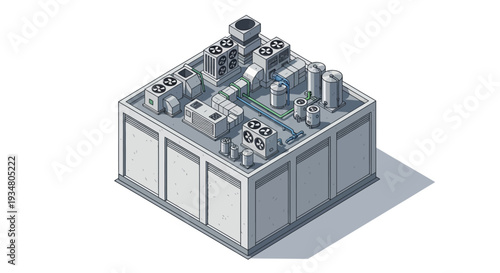 Isometric view of a rooftop industrial HVAC system with machinery and piping on a building's flat roof
