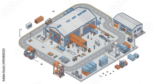 Isometric Warehouse and Logistics Scene A detailed illustration of a busy distribution center with trucks, forklifts, cargo, and workers