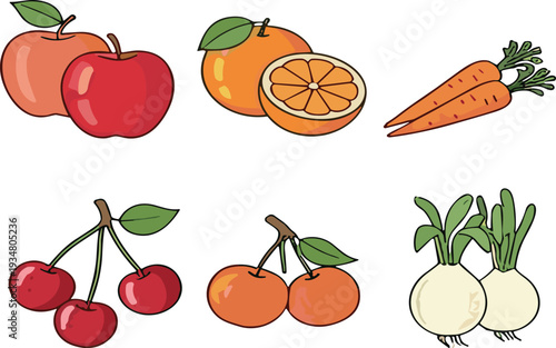 Hand Drawn Fresh Fruits and Vegetables Collection Vector Illustration Set with Apple Orange Cherry and Carrot