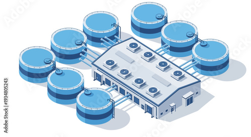 Industrial Facility with Connected Storage Tanks and Cooling Systems