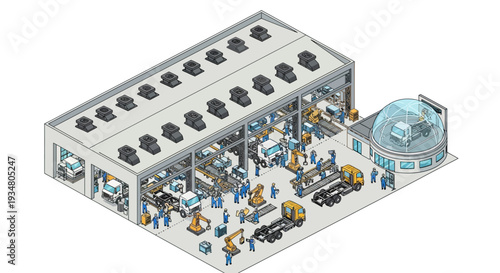 Industrial production plant with automated machinery and human workers assembling vehicles and equipment within a large factory building