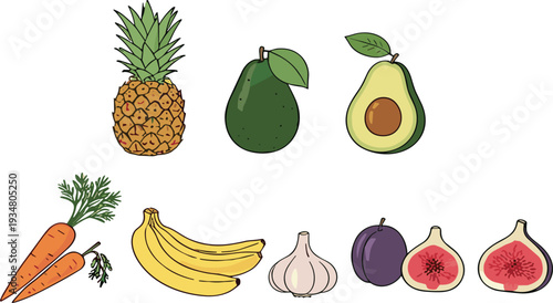 Hand Drawn Fresh Fruits and Vegetables Collection Vector Illustration Set with Pineapple Avocado Banana and Fig