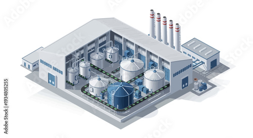 Industrial facility with storage tanks and smokestacks in isometric view representing manufacturing and production processes