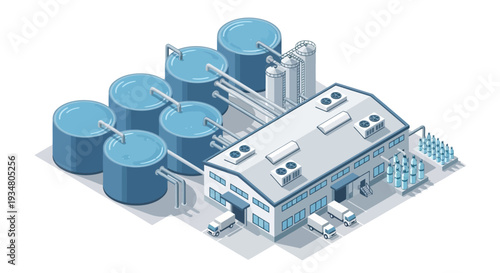 Isometric view of a modern industrial facility with storage tanks and trucks, representing manufacturing and logistics