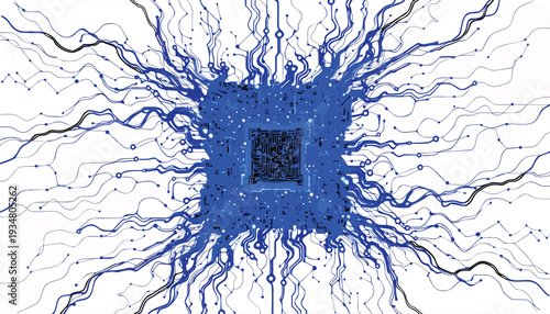 Blue Abstract Neural Network With Square Central Processor And Wavy Outward Connections (17
