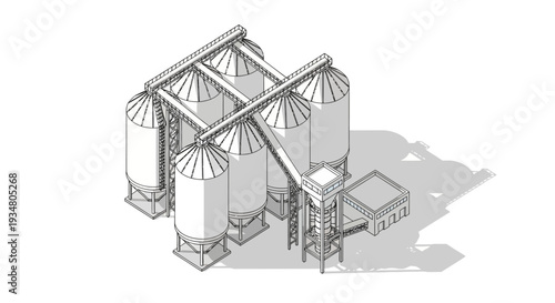 Isometric view of a modern grain silo complex with elevator and processing building for agricultural storage and industrial use