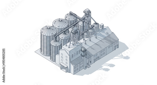 Industrial Grain Silo and Processing Facility with Loading Conveyor and Storage Tanks