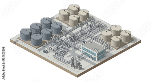 Industrial facility with multiple storage tanks and complex piping systems, a building, and infrastructure