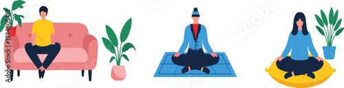 People Practicing Meditation at Home Cartoon Vector Illustration Set with Yoga and Relaxation Poses