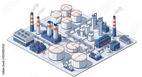 Industrial complex featuring large storage tanks, pipelines, and processing units, representing a modern manufacturing facility
