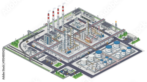 Industrial oil refinery complex with storage tanks and processing units in a detailed isometric view