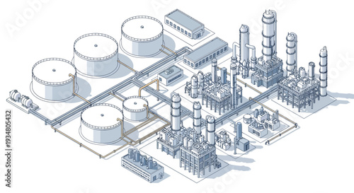 Industrial complex with storage tanks and refinery equipment, illustrating a large-scale manufacturing facility
