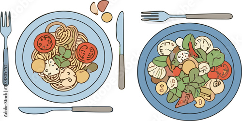 Pasta and Fresh Vegetable Salad Plates Vector Illustration with Cutlery Top View Food Collection