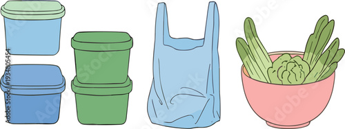 Plastic Containers and Grocery Bag with Fresh Vegetables Vector Illustration Set on Light Background