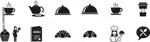 Restaurant and Cafe Icon Set with Coffee, Teapot, Croissant, Chef and Menu Symbols Vector Collection