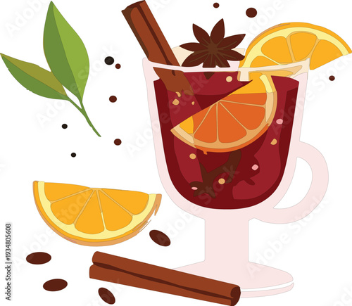 Warm Mulled Wine with Orange Slices Cinnamon Sticks and Star Anise Festive Winter Holiday Drink Vector Illustration
