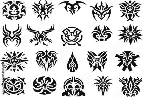 Tribal Tattoo Emblem Collection with Abstract Animal Skulls Wings and Mythical Symbols Black Vector Set