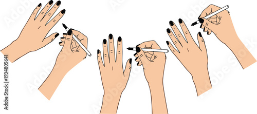Woman Hands Applying Black Nail Polish with Brush, Manicure Process Step by Step Vector Illustration Set
