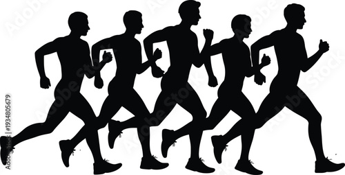 Set of 5 black running men silhouettes vector