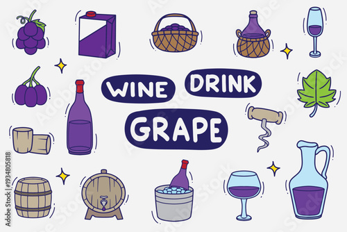 set of wine doodle with color good for background, wallpaper, element design, icon, etc