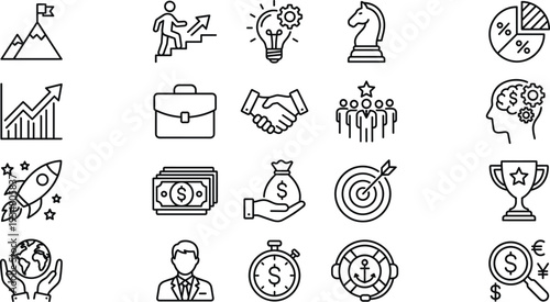 Business Strategy and Financial Growth Line Icons Set with Leadership, Investment, Target Goal, Startup Rocket, Profit, Teamwork and Success Concepts