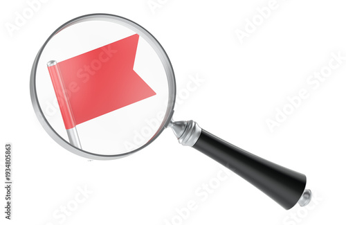 Magnifying glass with red flag, audit and inspection concept. 3D rendering