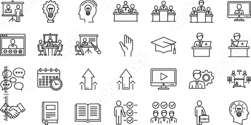 Business Training and Online Learning Line Icons Set with Webinar, Presentation, Graduation Cap, Team Meeting, Certification and Career Development Concepts