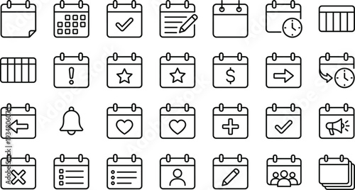 Calendar and Schedule Management Line Icons Set with Reminder, Event Planning, Appointment, Deadline, Checklist and Time Organization Concepts