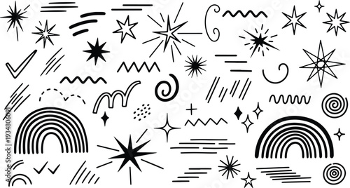 A set of vector line art illustrations featuring stars, rainbows, and abstract shapes in silhouette mode