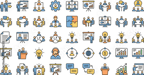 Colorful Business Training and Teamwork Icons Set with Presentation, Online Meeting, Leadership, Collaboration, Strategy and Financial Growth Symbols