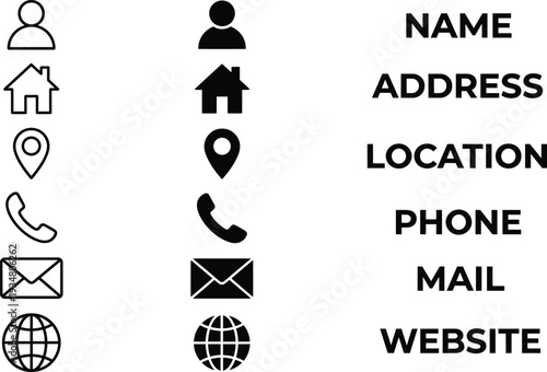 Contact Information Icons Set with Name, Address, Location, Phone, Mail and Website Symbols in Outline and Solid Style