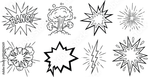 A set of vector line art illustrations featuring various comic book style explosion and bang effects in silhouette