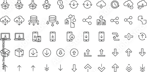 Download and Upload Line Icons Set with Cloud Sync, File Transfer, Data Backup, Arrow Direction, Mobile App and Digital Storage Concepts