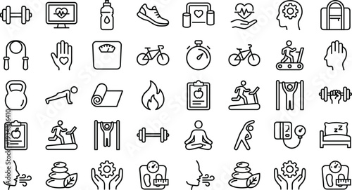 Fitness and Healthy Lifestyle Line Icons Set with Gym Equipment, Workout, Yoga, Nutrition, Cardio Training, Meditation and Wellness Concepts