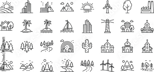 Landscape and City Skyline Line Icons Set with Mountains, Lighthouse, Wind Turbine, Church, Factory, Palm Tree and Nature Scenery Concepts