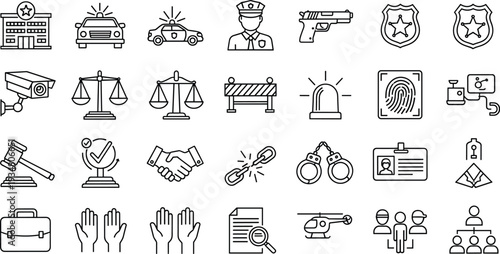 Law Enforcement and Security Line Icons Set with Police, Justice Scale, Handcuffs, Fingerprint, Surveillance Camera and Legal Protection Concepts
