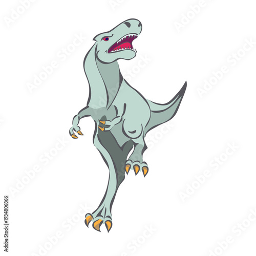 stylized running raptor dinosaur character with open mouth and sharp claws, colorful cartoon prehistoric predator isolated vector illustration.