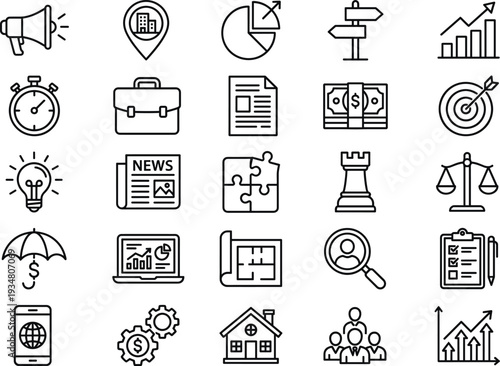Modern Thin Line Business and Finance Icons Set with Strategy, Investment, Analytics, Marketing, Growth and Corporate Management Symbols