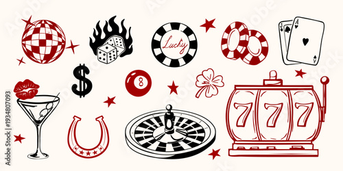 Hand drawn casino set with slot machine, cards, dice, disco ball and roulette. Vintage doodle style vector illustration.